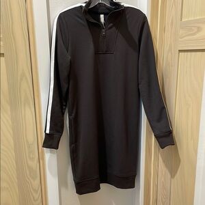 Athleta Dark Green and White Striped Zip Up Sweater Dress